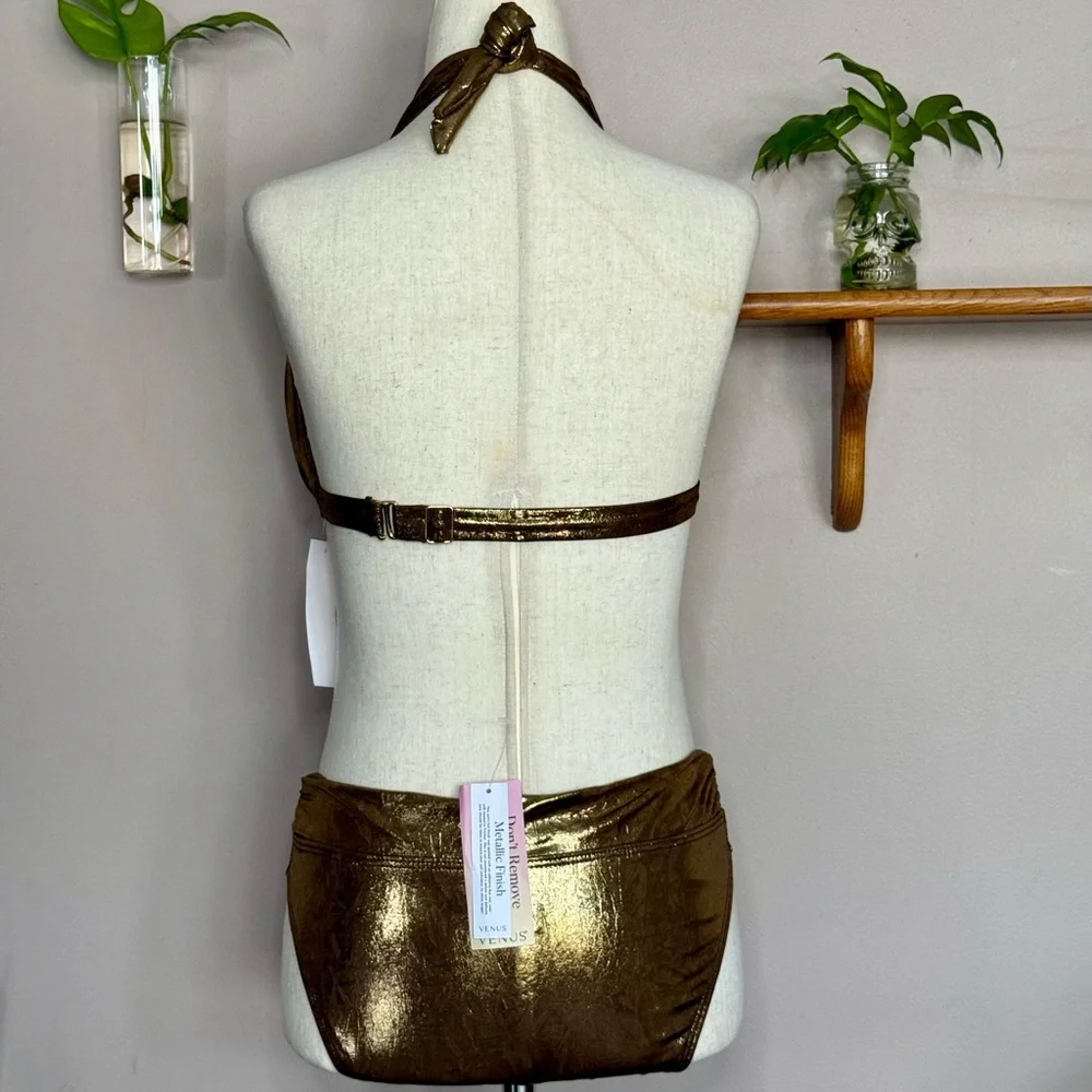 VENUS Shimmering Bronze Metallic Goddess Push-Up Halter Top and Havana Bottoms - Picture 4 of 12